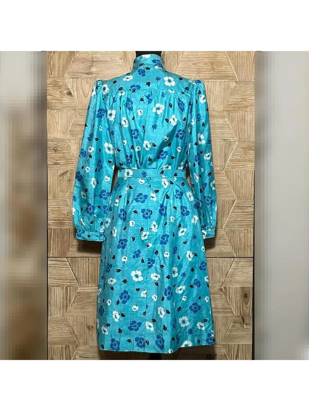 Women's Vintage Blue Floral Long Sleeve 2 Piece Set Silk 80s Fashion Retro S/M